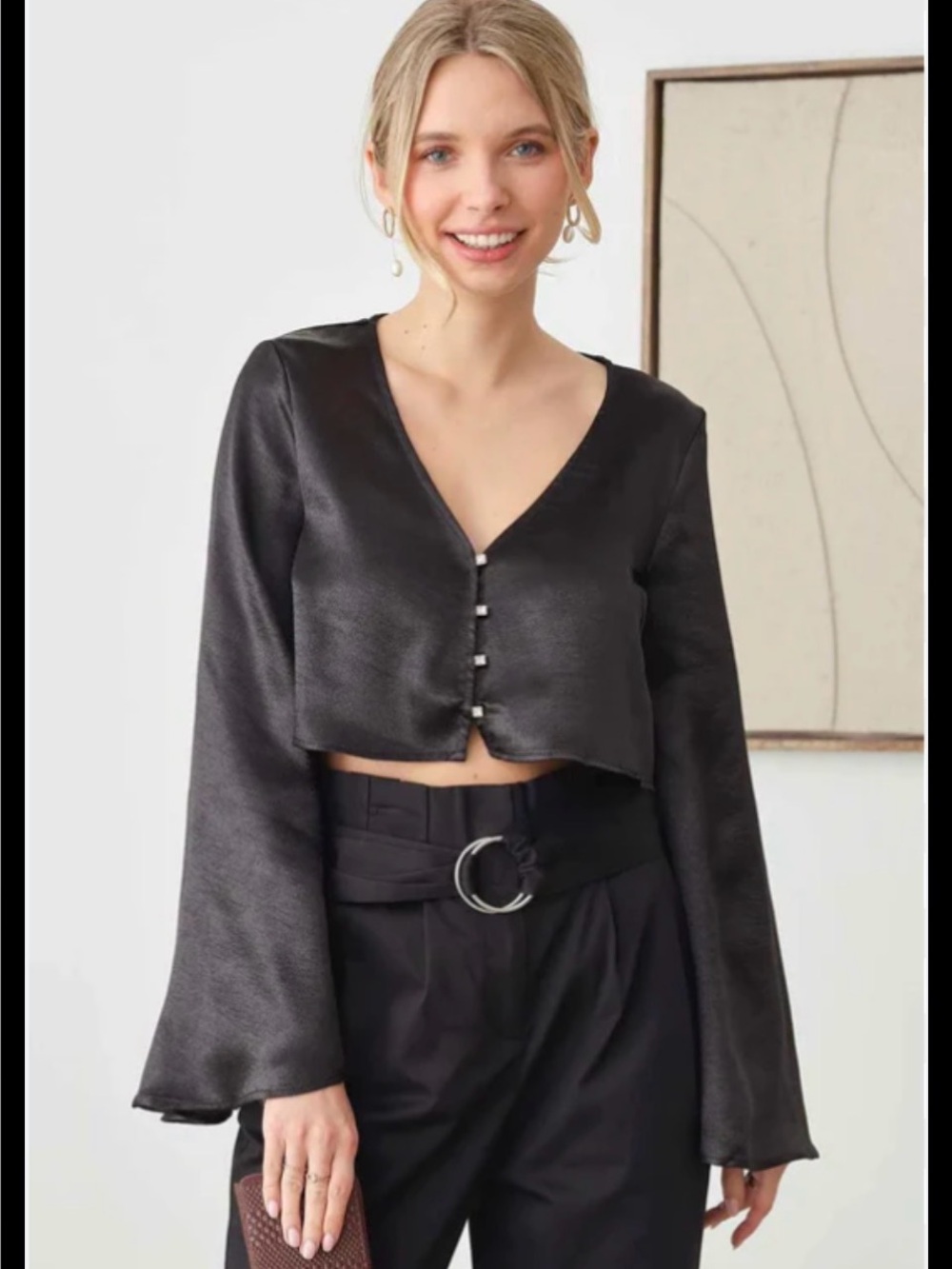 Mustard Seed - Satin Crop Top with Rhinestone Buttons - NWT - Size Large